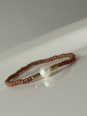 Pearl Accent Brown Beaded Stretch Bracelet